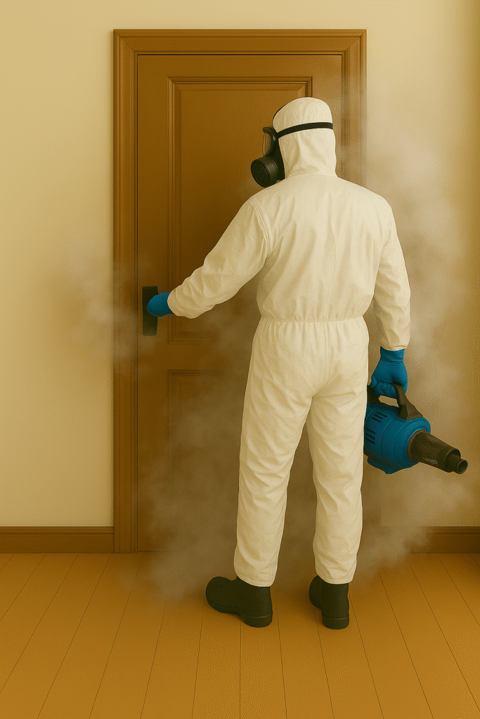 Un professionnel équipé traite une zone touchée par l’odeur de la mort avec un nébulisateur thermique.