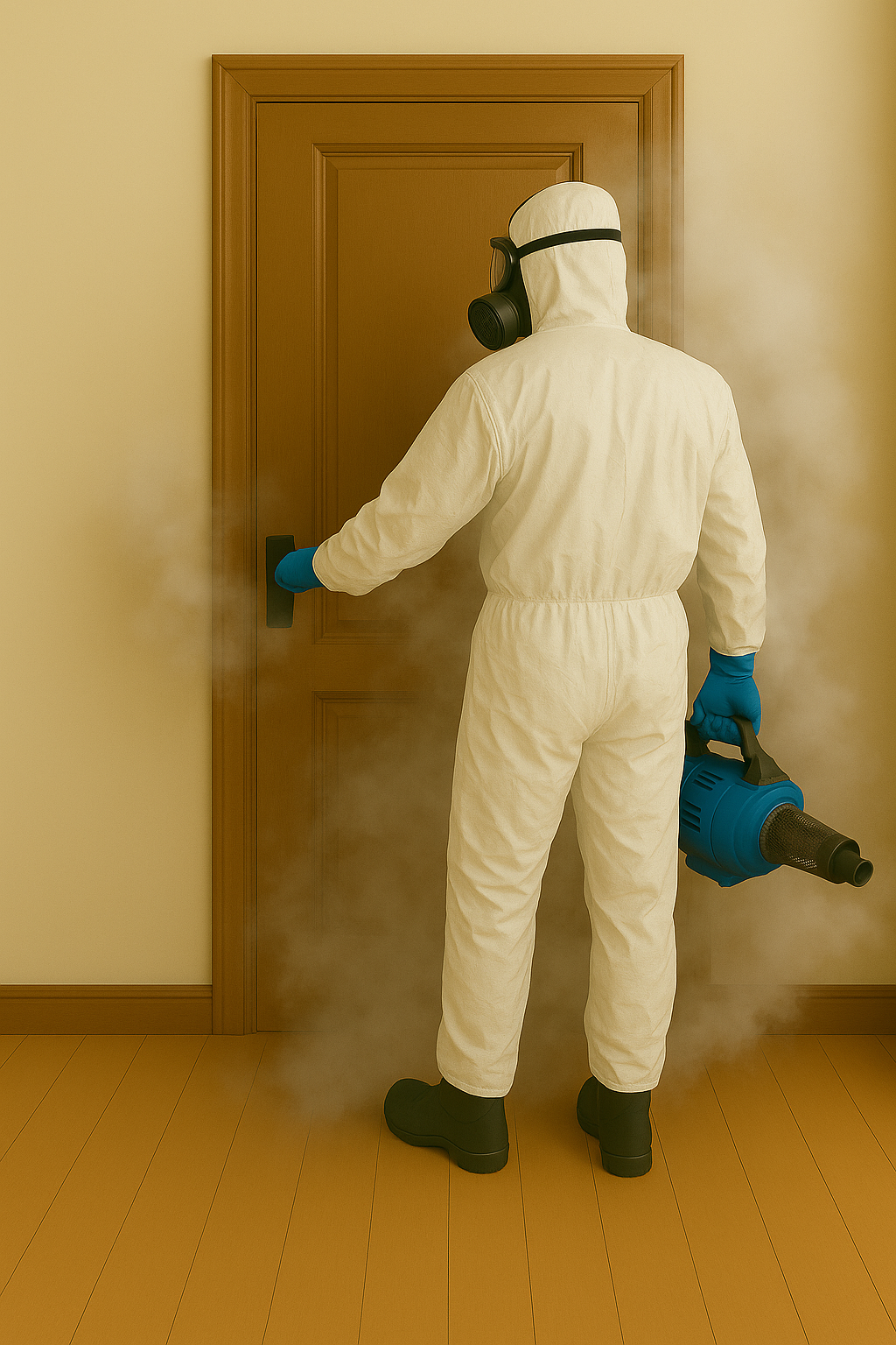 Un professionnel équipé traite une zone touchée par l’odeur de la mort avec un nébulisateur thermique.