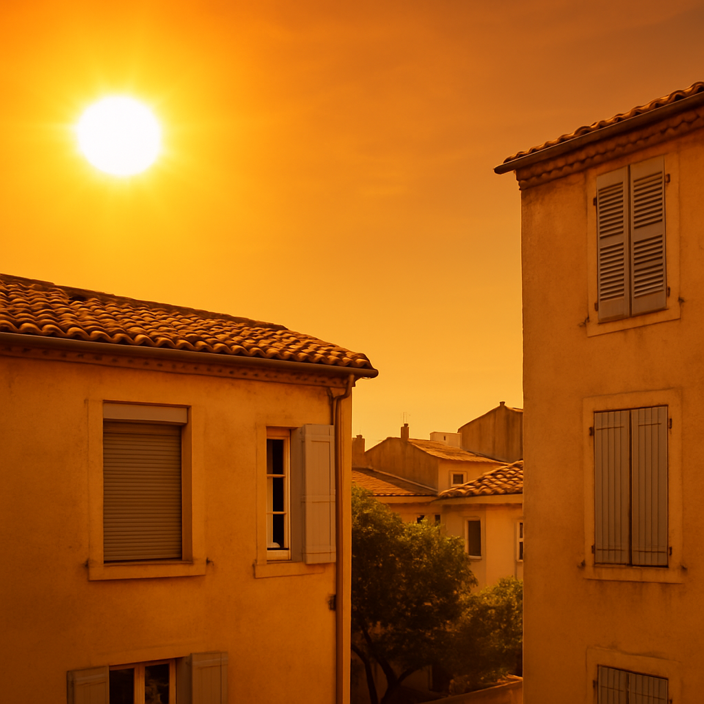 Photo illustrant une canicule estivale en région Sud de la France, avec un fort ensoleillement, symbolisant les fortes chaleurs de l’été en PACA, Languedoc-Roussillon, Drôme et Rhône. Cette image accompagne un article sur le nettoyage après décès et le syndrome de Diogène en période de chaleur.