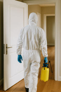 Technicien en combinaison EPI effectuant un nettoyage maison après décès à Marseille