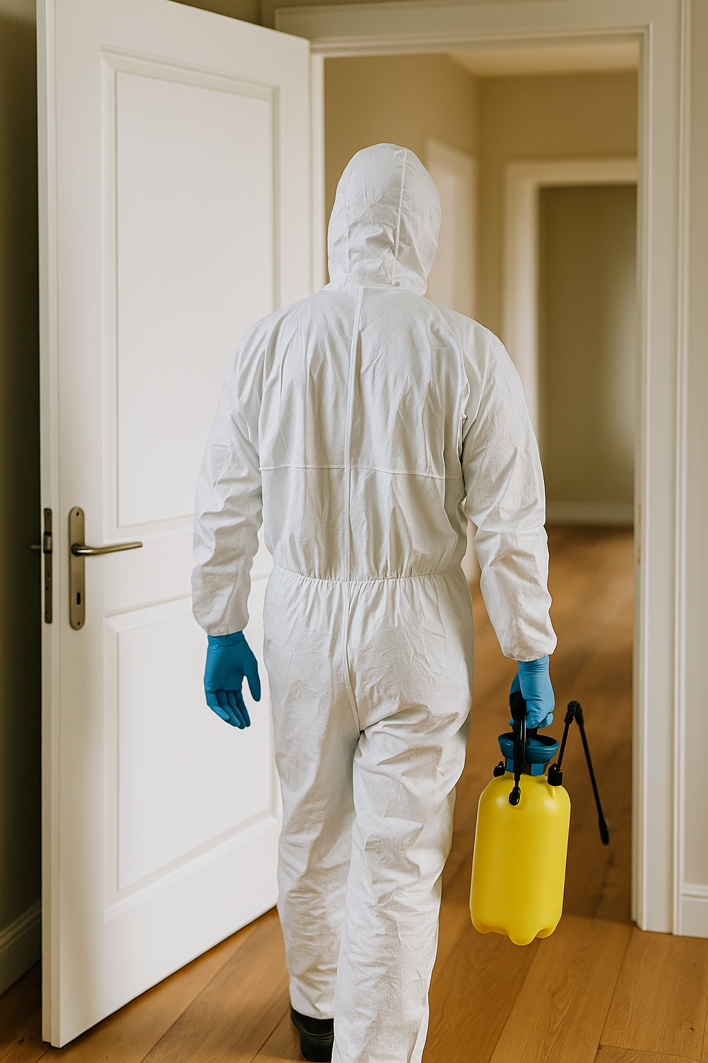 Technicien en combinaison EPI effectuant un nettoyage maison après décès à Marseille