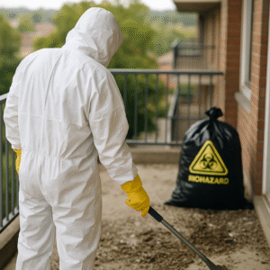 Technicien Cleaner Service France effectuant un nettoyage de fientes de pigeons sur un balcon à Marseille – intervention avec équipement de protection et sac de décontamination.