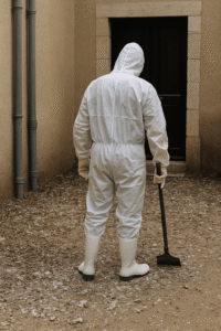 Technicien en combinaison blanche effectuant un nettoyage des fientes de pigeons.