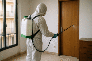 Technicien équipé en combinaison EPI effectuant un nettoyage maison après décès à Marseille selon un protocole de désinfection certifié"