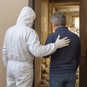Technicien en combinaison blanche réconfortant une personne devant un logement atteint du syndrome de Diogène à Marseille