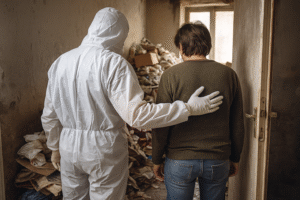 Technicien en combinaison blanche accompagnant une personne devant un logement insalubre lié au syndrome de Diogène à Marseille