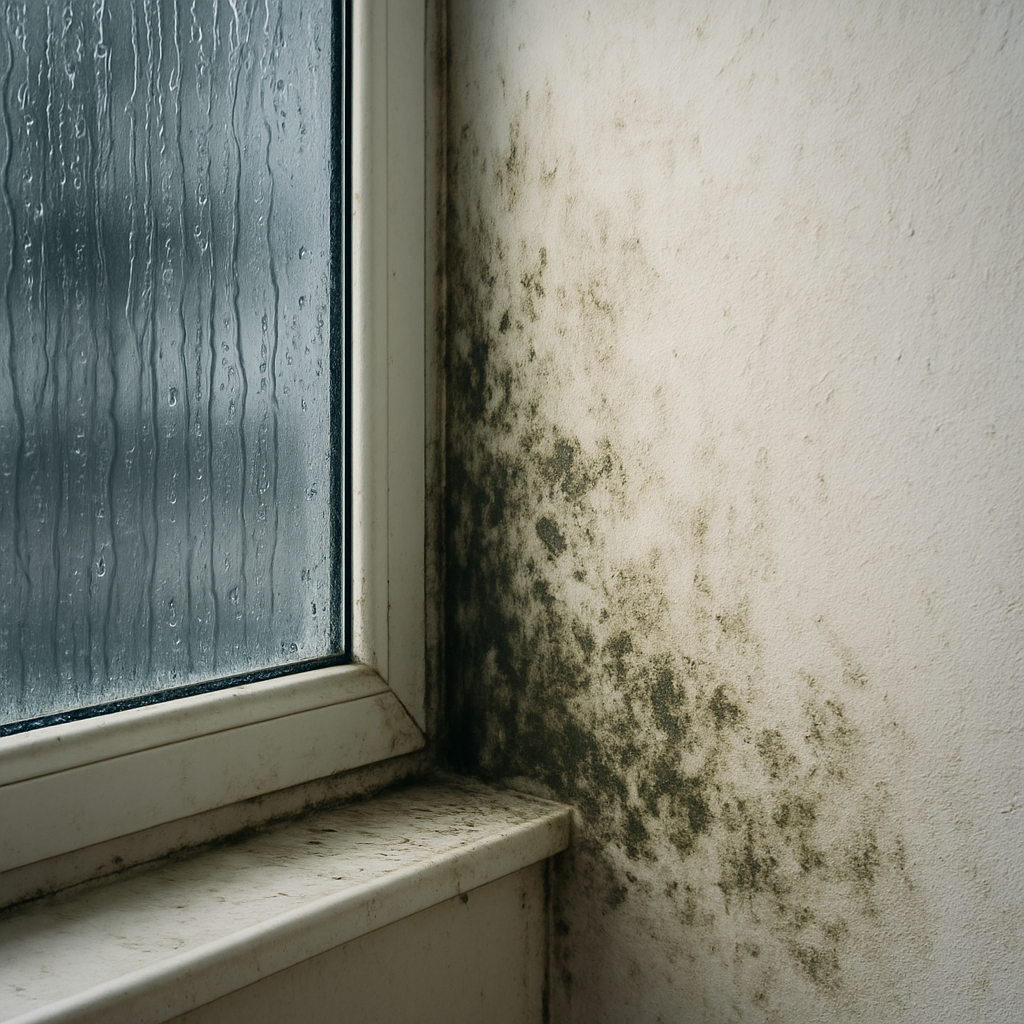 Mur intérieur touché par l’humidité et la moisissure dans un logement du Sud de la France – illustration des risques d’insalubrité liés à la pluie.