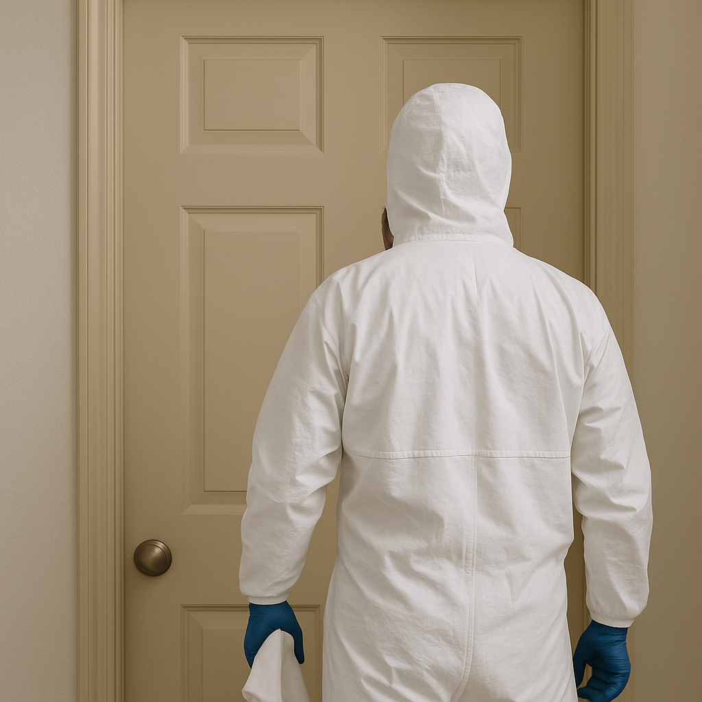technicien de nettoyage après décès certifié de dos devant une porte