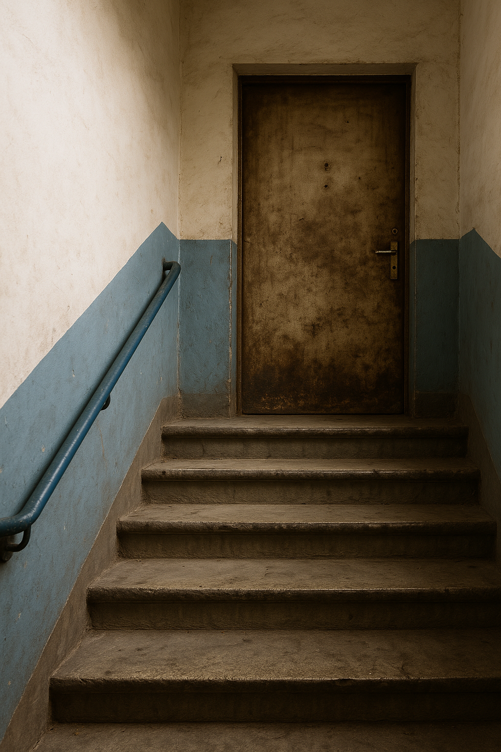 Montée d’escalier dans un immeuble ancien avec une porte d’appartement sale et fermée, illustrant un logement touché par le syndrome de Diogène dans le Sud de la France.