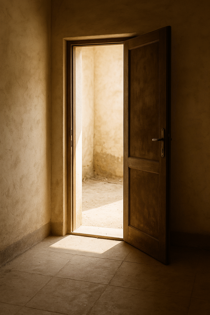 Porte entrouverte dans un couloir ancien laissant passer la lumière naturelle, symbolisant l’espoir et la bienveillance face au syndrome de Diogène et à la précarité.