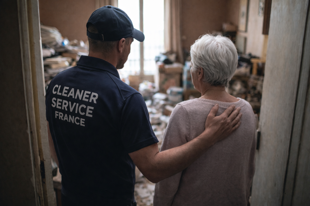 Technicien accompagnant une personne âgée devant un logement encombré lors d’un désencombrement progressif